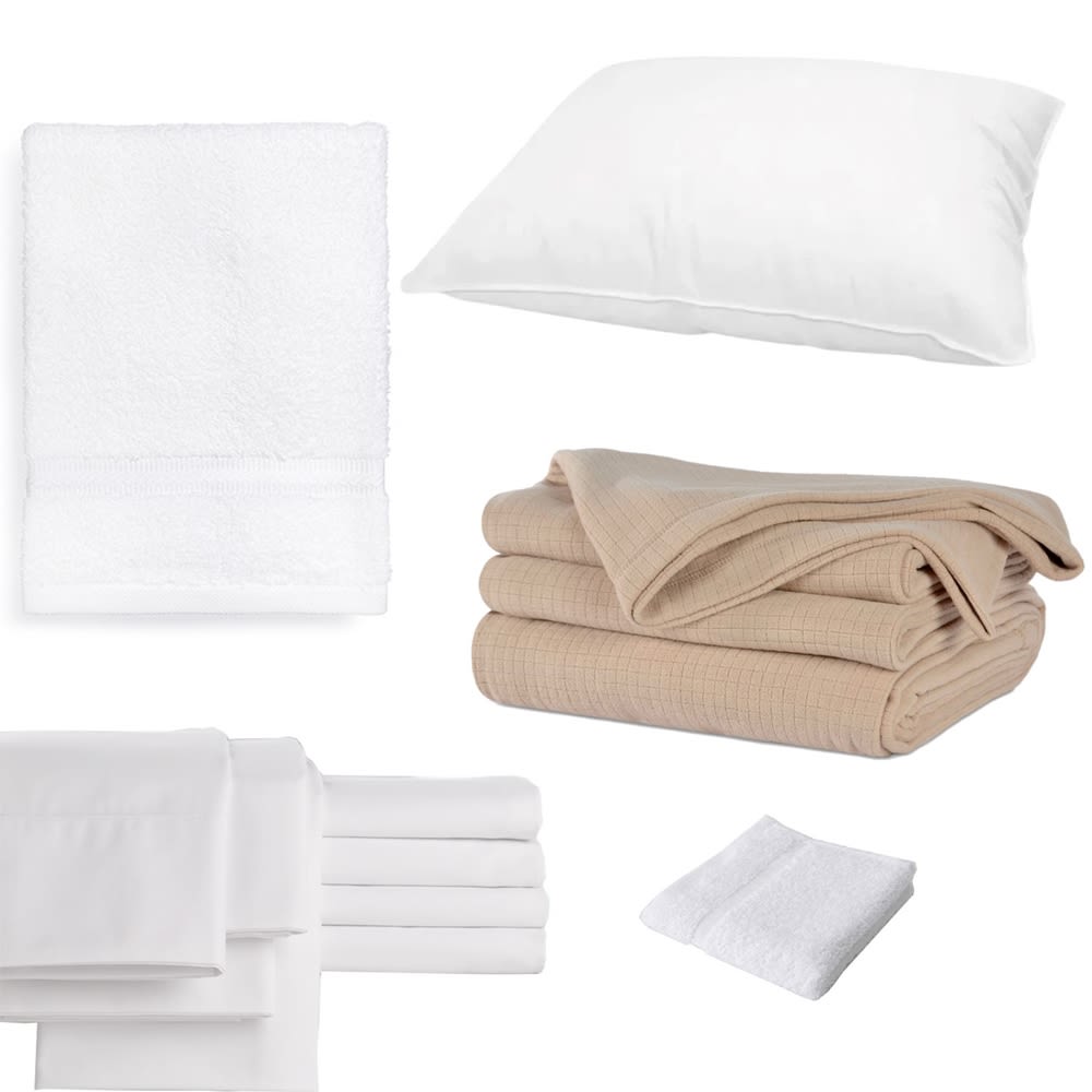 Basic Room Kit, Twin XL Microfiber Sheets, Cotton/Poly Cam Border Towels, Polartec Blanket, Pillow